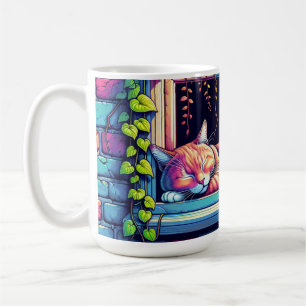 Mug Chat endormi sur un rebord de fenêtre, art IA