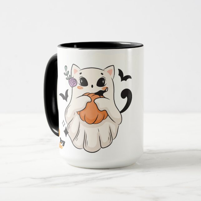 Mug Chat Fantôme mignon avec Citrouille | Éffrayant Ha (Devant gauche)