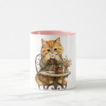 Chat Fluffy Mignon Buvant du Café Aquarelle Vintag