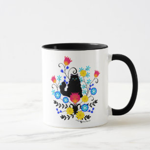 Mug Chat Fluffy Noir avec Fleurs