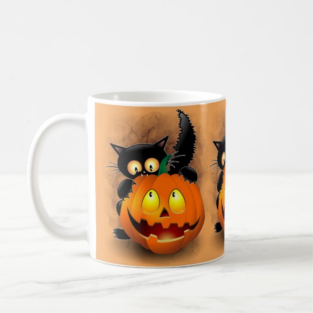 Mug Chat Fun Halloween Caractère mordant un Citrouille (Gauche)