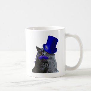 Mug Chat gris avec chapeau bleu et moustache bleue