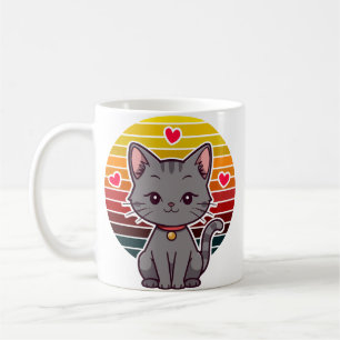 Mug Chat Gris Kawaii Rétro Coucher de Soleil Anime Art