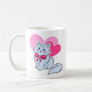 Mug Chat Kawaii Bleu Avec Nœud Rose & Cœurs