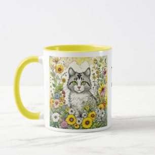 Mug Chat kitty gris et blanc assis en fleurs
