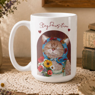 Mug Chat Mignon Cottagecore avec Fleurs Restez Positiv