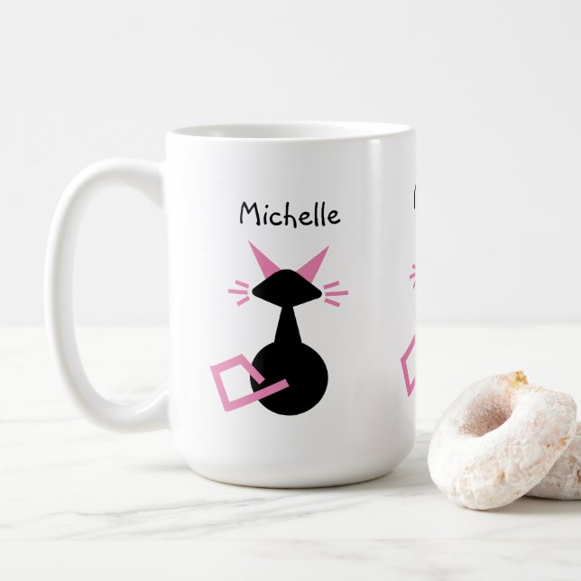 Mug Chat mignon Nom personnalisé Chat rose Kitty noir (Avec donut)