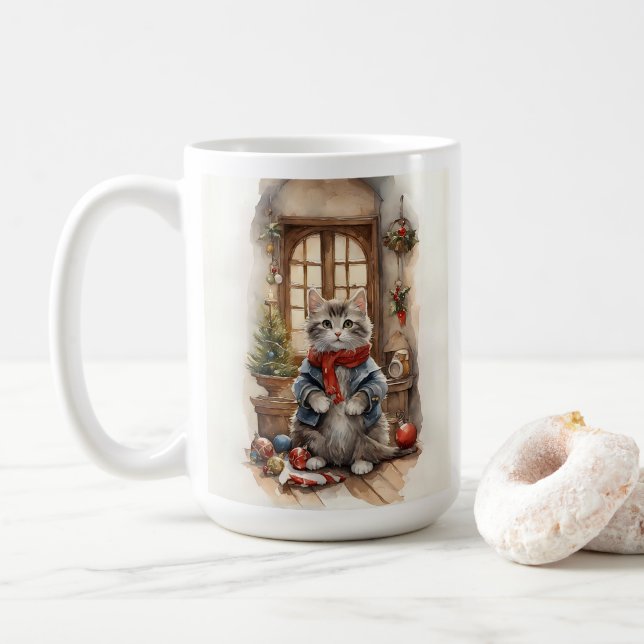Mug Chat mignonne à la veste de Noël et à l'écharpe (Avec donut)