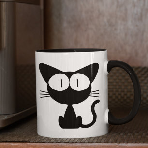 Mug Chat noir aux grands yeux, queue dans l'air