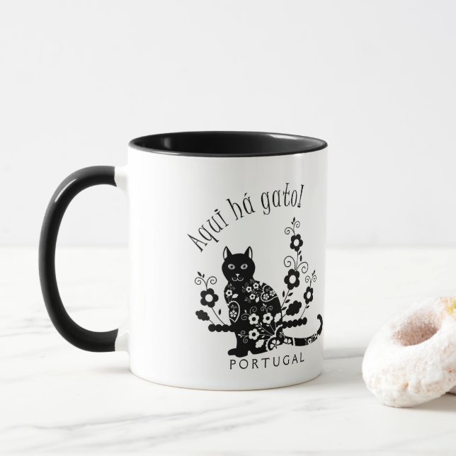 Mug Chat noir avec fleurs et expression portugaise (Avec donut)