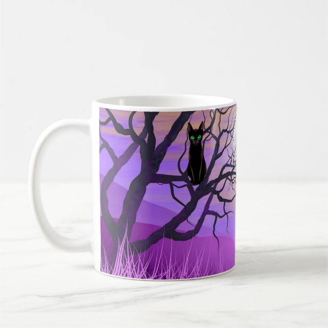 Mug Chat noir avec Pleine lune et Ciel de nuit pourpre (Gauche)