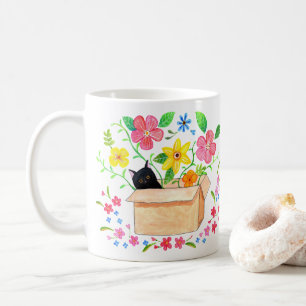 Mug Chat Noir dans une Boîte avec Fleurs Art Dessiné à