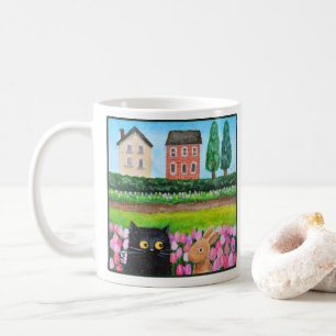 Mug Chat noir et lapin bunny dans un parterre de tulip
