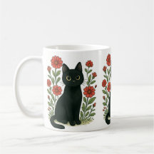 Mug Chat Noir & Fleurs Rouges