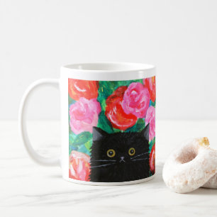 Mug Chat noir mignon avec Fleurs vives et colorées Art