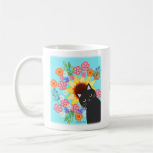 Mug Chat Noir mignon avec Tournesol floral clair perso