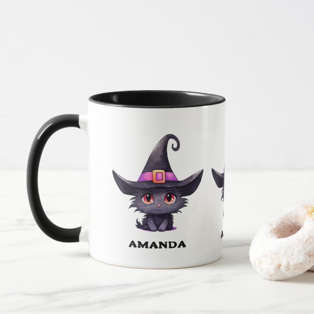 Mug Chat noir mignon portant un Casquette de sorcière (Avec donut)