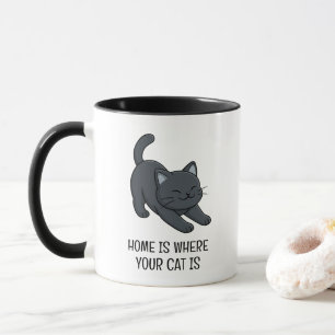 Mug Chat noir s'étirant Texte personnalisé