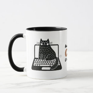Mug Chat noir Whimsical assis sur un ordinateur portab