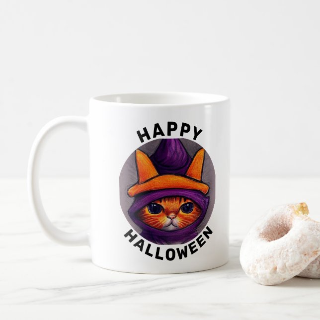 Mug Chat orange avec sorcière violette Casquette Hallo (Avec donut)