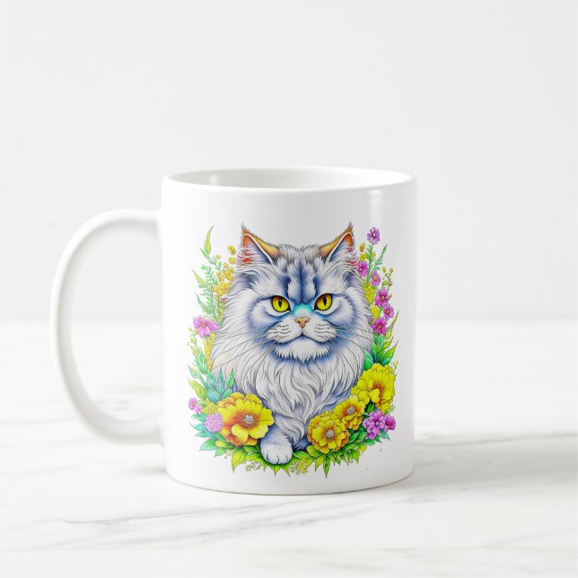 Mug Chat perse blanc en fleurs (Gauche)