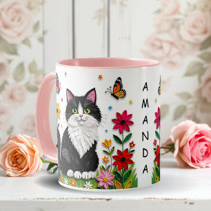 Mug Chat personnalisé, Fleurs et Papillons