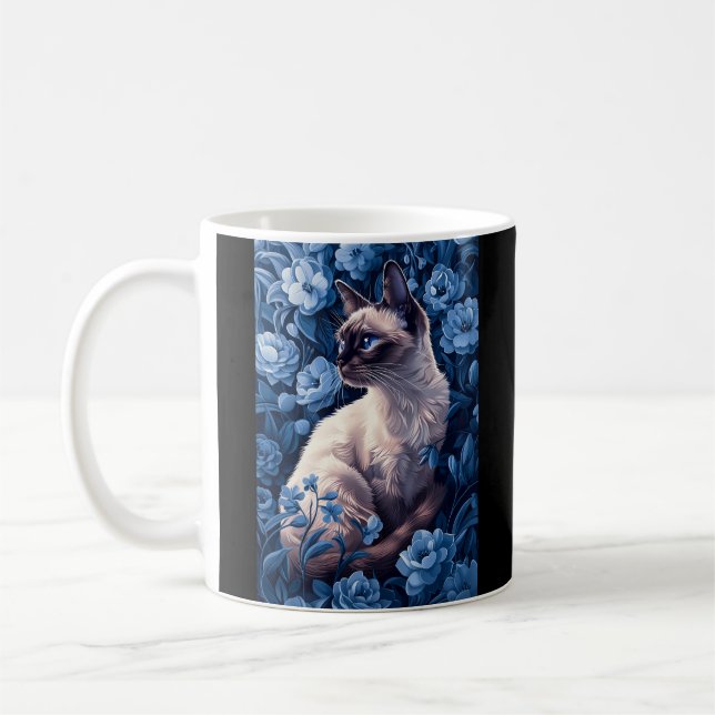 Mug Chat siamois en Fleurs Bleues (Gauche)