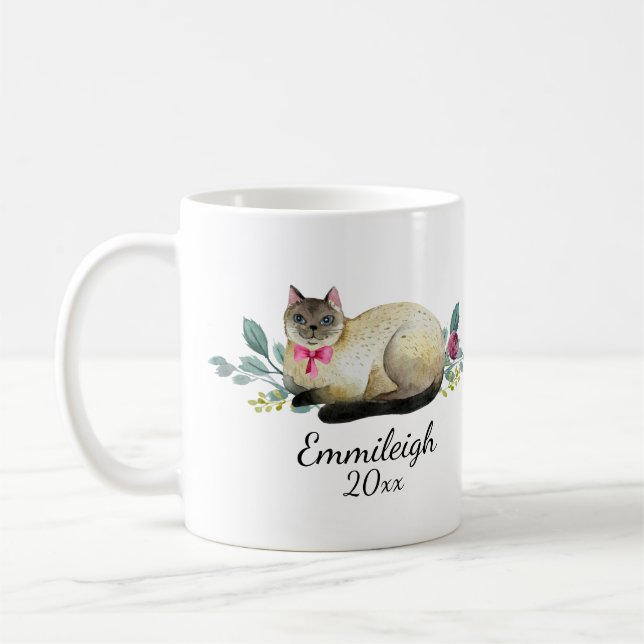 Mug Chat siamois personnalisé Purple Floral Blanc (Gauche)