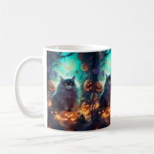 Mug Chat Sibérien d'Halloween avec citrouilles effraya
