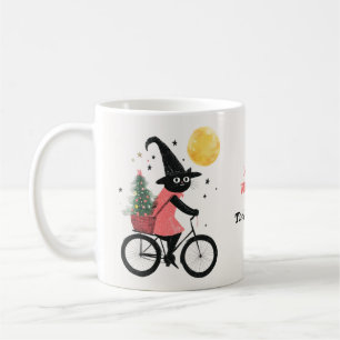 Mug Chat sorcière faisant du vélo avec un arbre de Noë