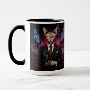 Mug Chat Sphynx Mafia dans un style néon noir