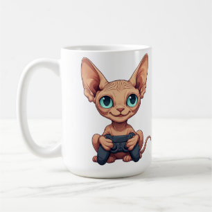 Mug Chat Sphynx tenant une manette de jeu