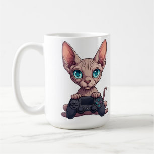 Mug Chat Sphynx tenant une manette de jeu