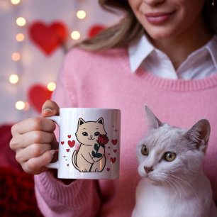 Mug Chat tenant une rose avec des cœurs rouges pour la
