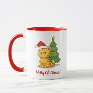 Mug Chat tigré orange grincheux chapeau rouge arbre de