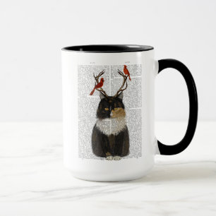 Mug Chat Tortoiseshell avec Antlers et Red Birds