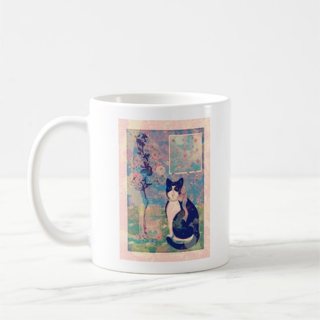 Mug Chat Tuxedo avec fleurs de cerisiers (Gauche)