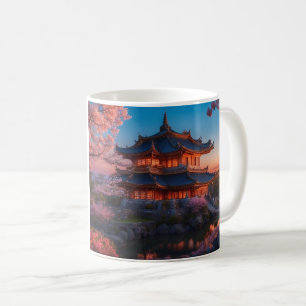 Mug Château asiatique du coucher de soleil sur le jard