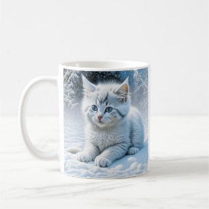 Mug Chaton blanc Fluffy personnalisé en neige