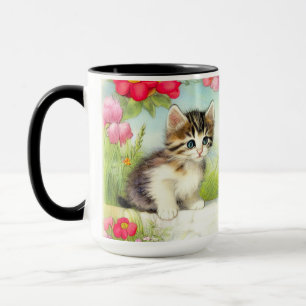 Mug Chaton vintage blanc et marron avec des fleurs