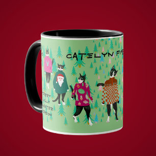 Mug Chats amusants dans les doux pulls de Noël vert