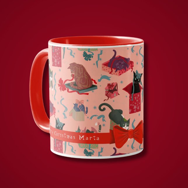 Mug Chats Drôle Dans Les Boîtes De Noël Personnalisées (Cats play in Christmas boxes in this cute personalized holiday mug. Comes with or without a photo )