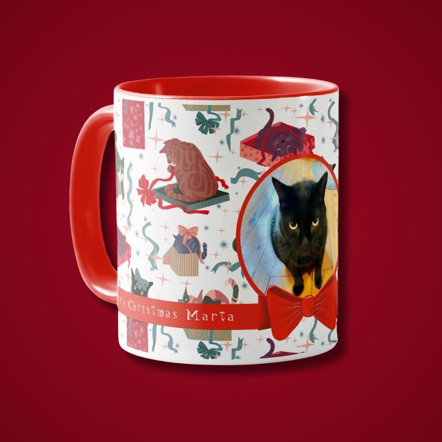 Mug Chats Drôle Dans Les Boîtes De Noël Personnalisées (Cute cats play in Christmas boxes personalized with your cat photo, or without a photo. 4 colors)