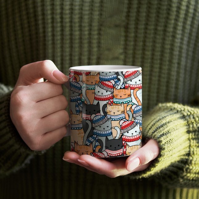 Mug Chats en Écharpes d'hiver et tissu Motif Casquette (Cats in scarves and hats mug)
