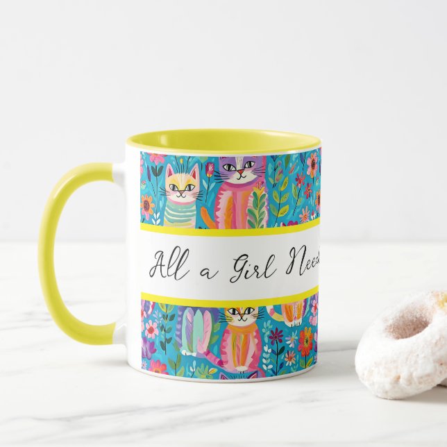 Mug Chats et fleurs colorés Anniversaire lunaire (Avec donut)