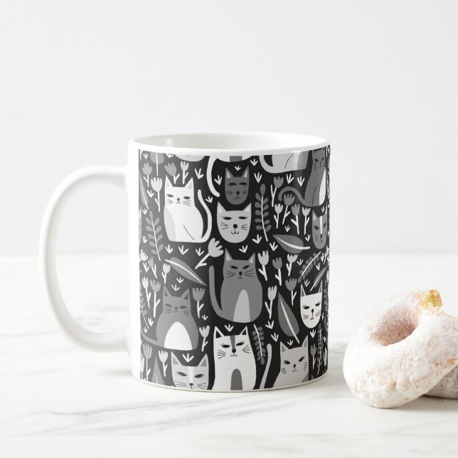 Mug Chats mignons Fun Floral Kitten Motif noir et blan (Avec donut)