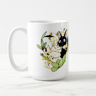 Mug chats noirs et blancs avec fleurs couronne coeur