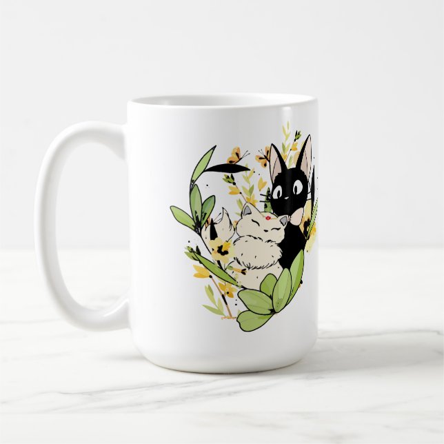 Mug chats noirs et blancs avec fleurs couronne coeur (Gauche)