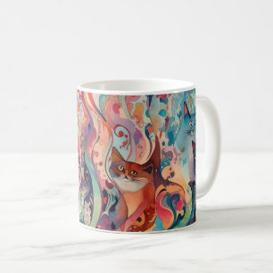 Mug Chats psychédéliques abstraits fleurs. Graphique a