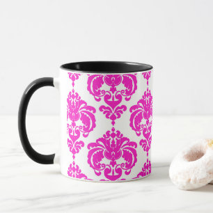 Mug Chaud rose & blanc Élégant Chic Damask Patte